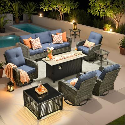 OVIOS 9-piece Patio Swivel Chair Set with 54" Fire Table