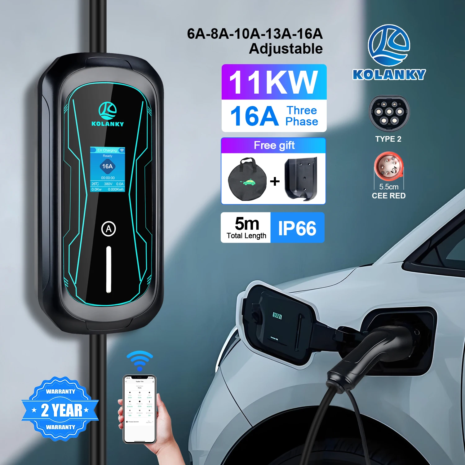 Kolanky Mobile EV-Ladegerät, 16 A, 3P, 11 kW, Typ 2, IEC-62169, Strom einstellen über Tuya-App-Steuerung, Aufladen für EU-Elektrofahrzeuge Image