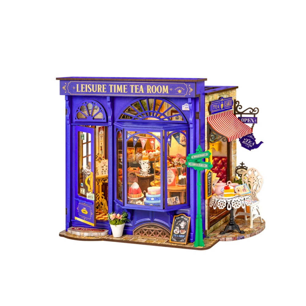 Robotime Rolife DIY Miniatur Freizeit Tee Zimmer Puppenhaus 3D Holz Puzzle Spielzeug Vorgefärbtes Holz Home Decor für Frauen