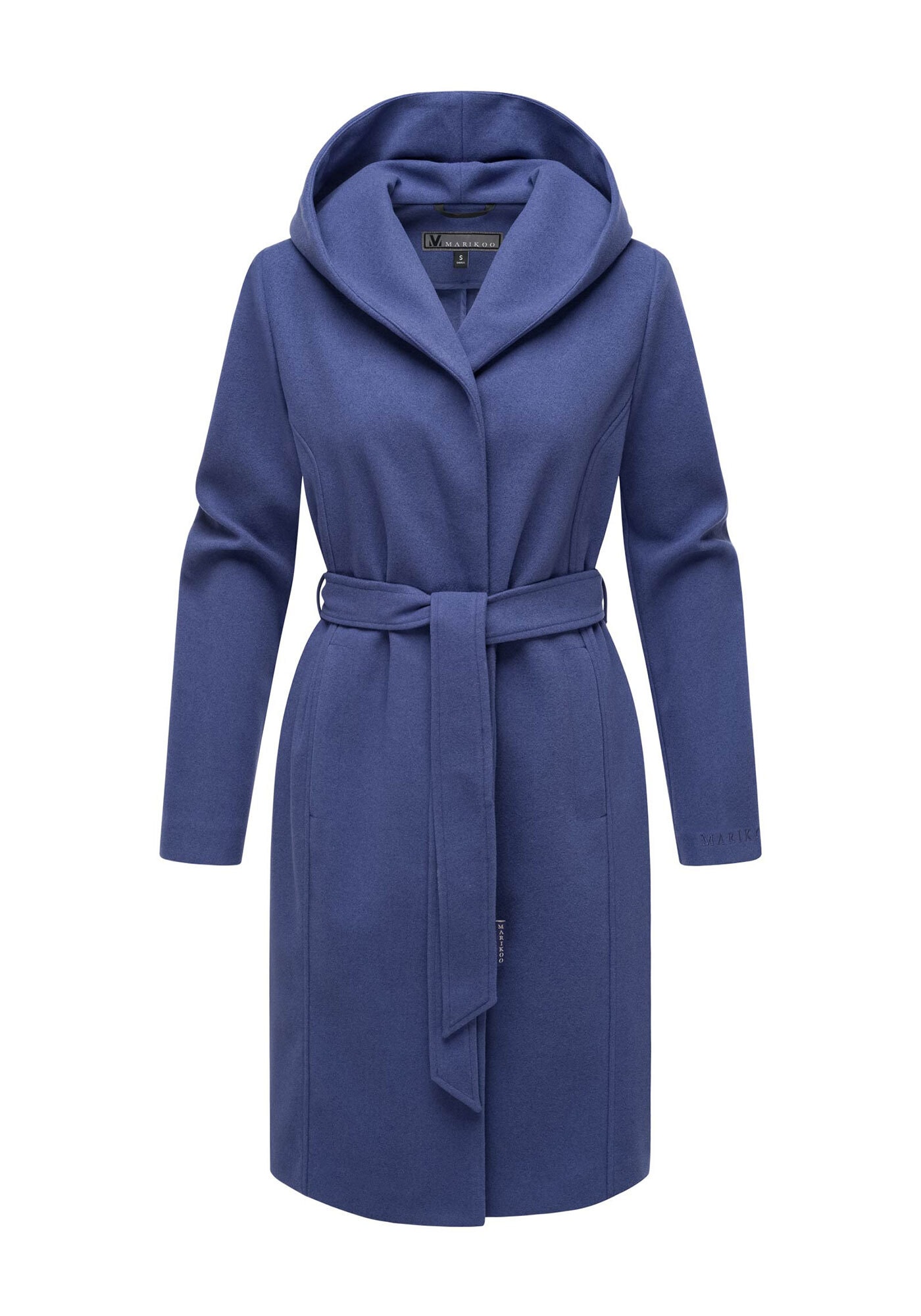 Kurzmantel MARIKOO "Kailii", Damen, Gr. S, blau (blau violet), 90% Polyester, 10% Viskose, Mäntel Kurzmantel, Eleganter Wickel Mantel mit Taillengürtel und Oversized Hood Kapuze