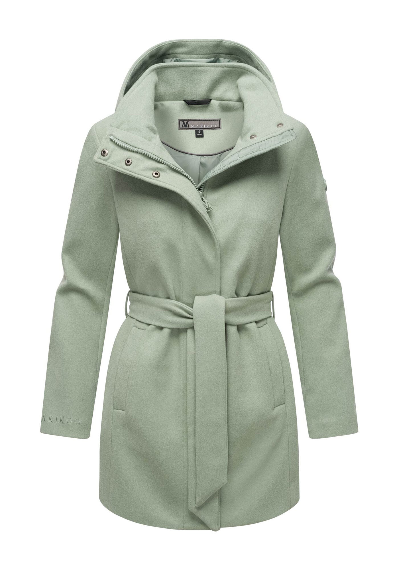 Kurzmantel MARIKOO "Katalinaa", Damen, Gr. XL, grün (smokey mint), 90% Polyester, 10% Viskose, Mäntel Kurzmantel, Eleganter Wickel Mantel mit Taillengürtel und Oversized Hood Kapuze