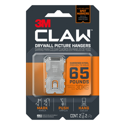 3M Claw Drywall Picture Hangers, 65 Lb, Pack Of 2 Hangers