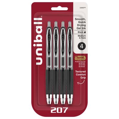 Uni-Ball Signo Gel 207 Retractable Gel Pens, Medium Point, 0.7 Mm, Clear Barrel, Black Ink, Pack Of 4 Pens