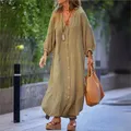 Robe Longue en Coton et Lin pour Femme, Chemisier Rétro, Manches Trois Quarts, lèvent, Baggy, Maxi, Nouvelle Collection Été