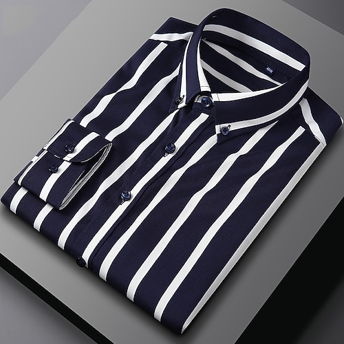 Herren Hemd Oberhemd Knopfhemd Streifen Hochzeit Party Hellblau Marineblau Weiß Schwarz Weiß Langarm Kargen Frühling Herbst Bekleidung Knopf Image