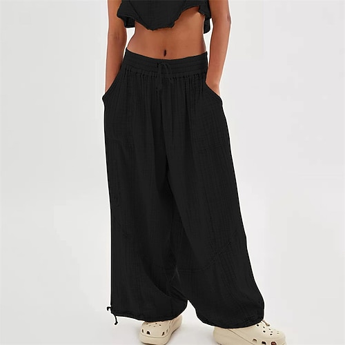 Damen Hose aus Baumwollleinen Hosen Hose Palazzo-Hose Mode Streetwear Komfort Volle Länge Hohe Taille Einfach Kordelzug Elastischer Bund Bein Kordelzug Bequem Außenbereich Straße Alltagskleidung Image