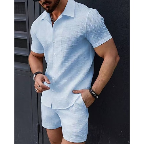 Herren T-Shirt Anzüge 2-teiliges Outfit T-Shirt und Shorts Kurzarm Revers Sommer Einfach Mode Lässig 2 teilig Jacquard Urlaub Alltagskleidung Ausgehen Schwarz Weiß Rosa Top T-Shirt für Herren Image