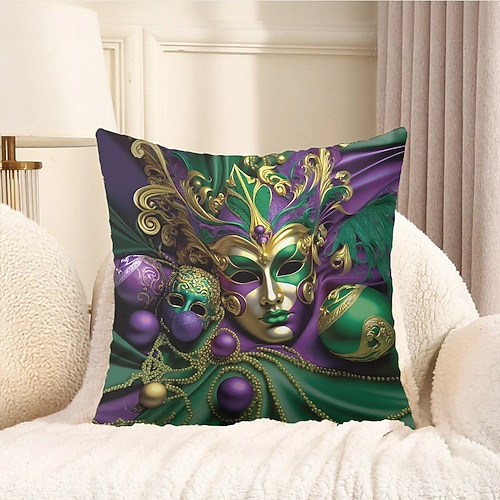 Dekorativer Kissenbezug mit Karnevalsmaske, Mardi Gras-Maske, 1 Stück, weicher, quadratischer Kissenbezug für Schlafzimmer, Wohnzimmer, Sofa, Couch, Stuhl Image