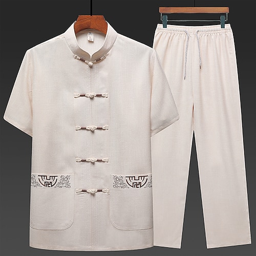 Herren Hemd Hemden-Set Sommerhemd Lässiges Hemd Strandhemd Knopfhemd Weiß Marineblau Grün Hellgrau Dunkelgray Kurzarm Glatt Ständer Urlaub Hawaiianisch 2 teilig Bekleidung Polyester Brautkleider Image
