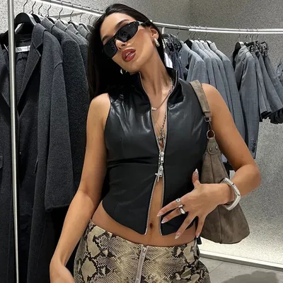 Fashionable Temperament Solid Color PU Leather Splicing Stand Up Collar Sexy Backless Zipper Exposed