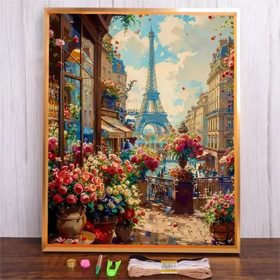 Paris Tower Printed Cross Stitch Kits Floral Patterns Embroidery Needlework Set Cotton Thread Cross