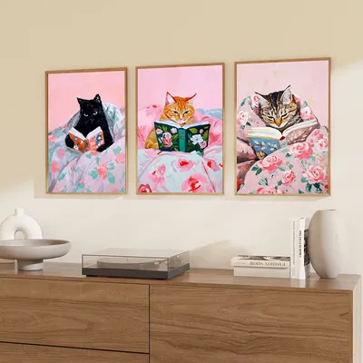 Funny Tabby Cat Reading Books Art Poster Vintage Cute Animals Wall Canvas Painting Book Lover Pet