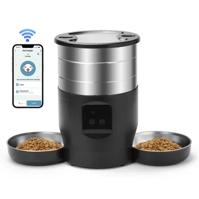 4.5L Button WiFi Automatic Cat Feeder Includes Two Stainless Steel Bowls Smart Pet Cat and Dogs Food