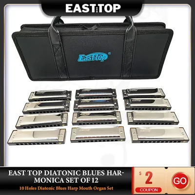 EASTTOP T10-3-12 10 Holes Diatonic Blues Harmonica Set of 12 Keys for Adults and Professionals with