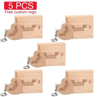 5 PCS LOT Iron Box Memory Stick Wooden Heart USB Flash Drive Free Custom Logo Pen Drive 128GB 64GB