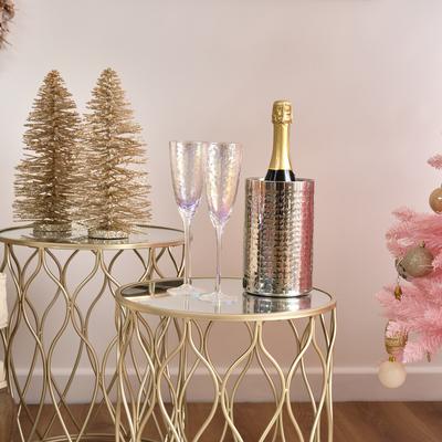 Set of 2 Round Side Tables with Mirror Top in Champagne Iron