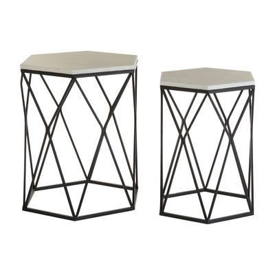 Set of 2 Hexagonal Side Tables in White Marble and Black Steel