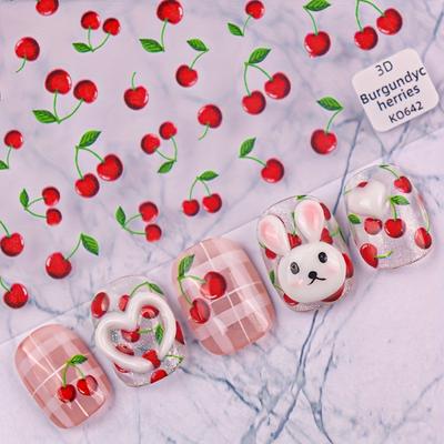 TEMU Nail Art Stickers - Green Leaves, Cherries & Fruits Design With Self-adhesive Glue, Matte , Diy & Salon Use