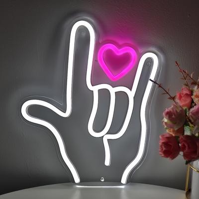 TEMU Led Neon Sign Light, I Love You Hand Gesture Design, Metal , Plastic Material, Wall Hanging, Switch Control, Multipurpose Use, Battery Powered, 1