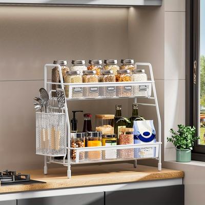 TEMU Stainless Steel Kitchen Countertop Organizer With Side Basket, Metal Spice Rack Storage Shelf For Cosmetics And Accessories