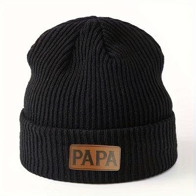 TEMU Knit Skull Beanie For Men - Casual Acrylic Stretchable Winter Hat With Ear Protection - Papa Label Ribbed Cuff Beanie