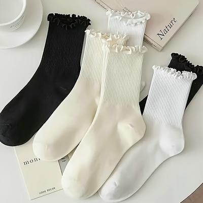 TEMU 3 Pairs Solid Trim Socks, Japanese College Mid Tube Socks, Women's Stockings & Hosiery