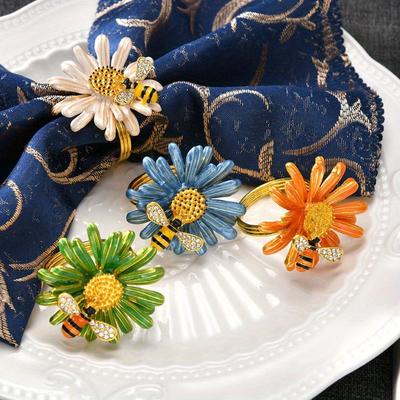 TEMU Sunflower And Bee Decorative Napkin Rings - Daisy And - Alloy Material - Dining Table Decor