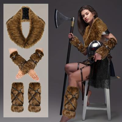 TEMU 5pcs Carnival Deluxe Fur Accessories Set - Collar, Leg & Hand Warmers, Halloween Costume,