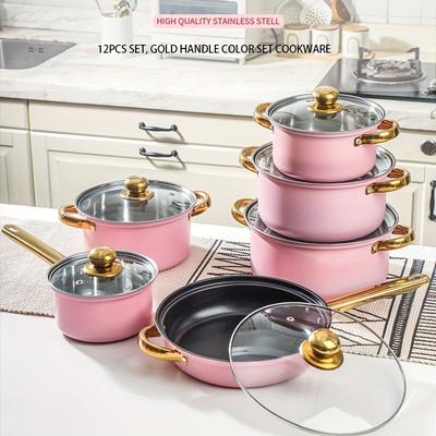 TEMU 12 Pieces Stainless Steel Cookware Set - Induction Ready, Dual-handled With Glass Lids - , Golden-handled Design For Effortless Cooking Steamer & More - Premium Pots And Pans For