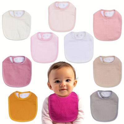 TEMU 10pcs Set Of Pure Gauze Muslin Bibs, Absorbent, Breathable, Soft, Multi-colored, Adjustable Snap Buttons, Suitable For Boys And Girls.