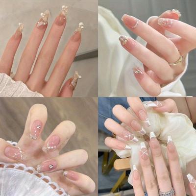 TEMU 96pcs (4pcs) Elegant Press-on Nails - French Tip, Reusable Ballet Style Fake Nails With Mixed For Women And Girls