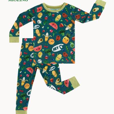 TEMU Miozing Bamboo Fiber Long Sleeve Kids' Set With Cute Fruit Print, Stretchy Comfortable Outfit, Machine Washable -