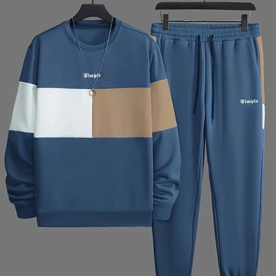 TEMU Men's Color 2pcs Set, Casual Round Neck Long Sleeved Sweatshirt And Sweatpants Jogging Pants Set For Winter And Autumn, Men's Clothing