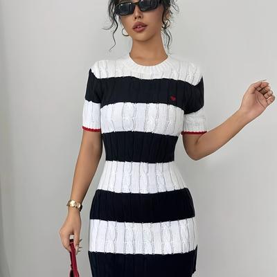 TEMU Chic Striped Knit Mini Dress For Women - Casual Short Sleeve, Round Neck With Colorblock Detail, All