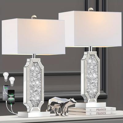 TEMU 3-way Dimmable Touch Diamond Crushed Mirrored Bedside Table Lamps Set Of 2 For Living Room With Usb A+c Ports, Modern Bling Nightstands Lamps For Bedroom With 2 Bulbs