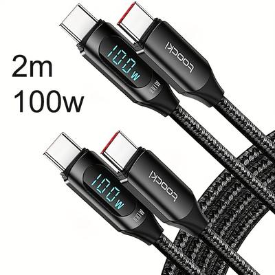 TEMU Toocki C-c 100w 1pc Led Digital Display Fast Charging Cable Usb-c To Usb-c Suitable For Iphone15-16/ /xiaomi Mobile Phone Charging