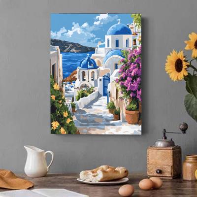 TEMU [1pc 5d Kit Greek Landscape Canvas ] 30x40cm 5d Round Kit, Contemporary Style Greek Landscape Canvas , Mosaic Craft For Beginners, Oblong Orientation, With For Home, Office, And Holiday Gifts