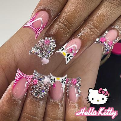 TEMU Kitty Press-on Nails Set, Long Mixed Color Tone, 3d French Glitter & Hearts, Pink , With Jelly Glue & Nail File, For Daily & Party Wear