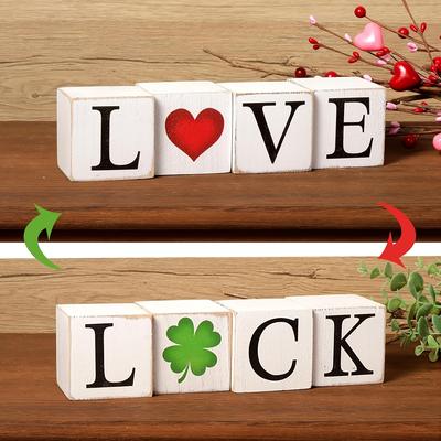 TEMU 4pcs Reversible Valentine's Day/st. Patricks Day Decor, Farmhouse Wooden Sign, Valentine's Day/st. Patricks Day Decorations For Home Mantle Shelf Tiered Tray Decor