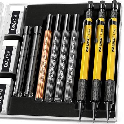 TEMU Fourcandies 3pcs 1.3mm Mechanical Pencil Set With Case, Metal Heavy Duty Carpenter Pencils With 48 Refill(red,black,yellow) 3eraser, 12eraser Refill, Weatherproof Body Outdoor Woodworking Marking