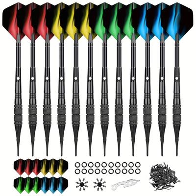 TEMU Dart Set, 12 Plastic Tip Dart (4 Style, Complete Weighs 19g), Replaceable Tips, 24 Dart Flights, Brass Barrel, Premium Aluminum Shaft, 1 Wrench, 20 O-rings, 16 Flight Protectors