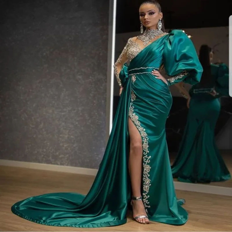 Evening Party Dress Women Elegant Beading Side Split Satin Lantern Sleeve Green Wedding Prom Gown Long Maxi Dresses 2023