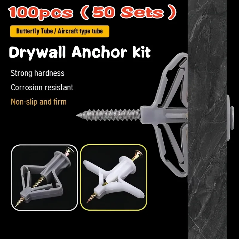 100 Stück (50 Sets) Nylon-Erweiterungs-Trockenbau-Anker-Set, Hohlwandanker mit Schrauben, selbstgebohrte Wand, speziell für Trockenbau Image
