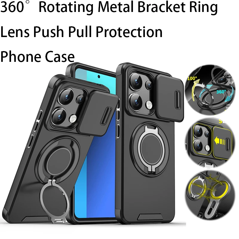 360 ° Rotierende Metall Halterung Ring Telefon Fall Für Xiaomi 14T Pro Redmi Hinweis 14 14C 13 Pro Plus Objektiv Push pull Schutz Zurück Abdeckung Image
