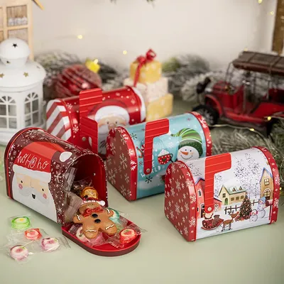 Christmas Tinplate Mailbox Small Decorative Tin Mailbox Metal Cookie Tins Mini Mailbox Shaped Christmas Storage Container