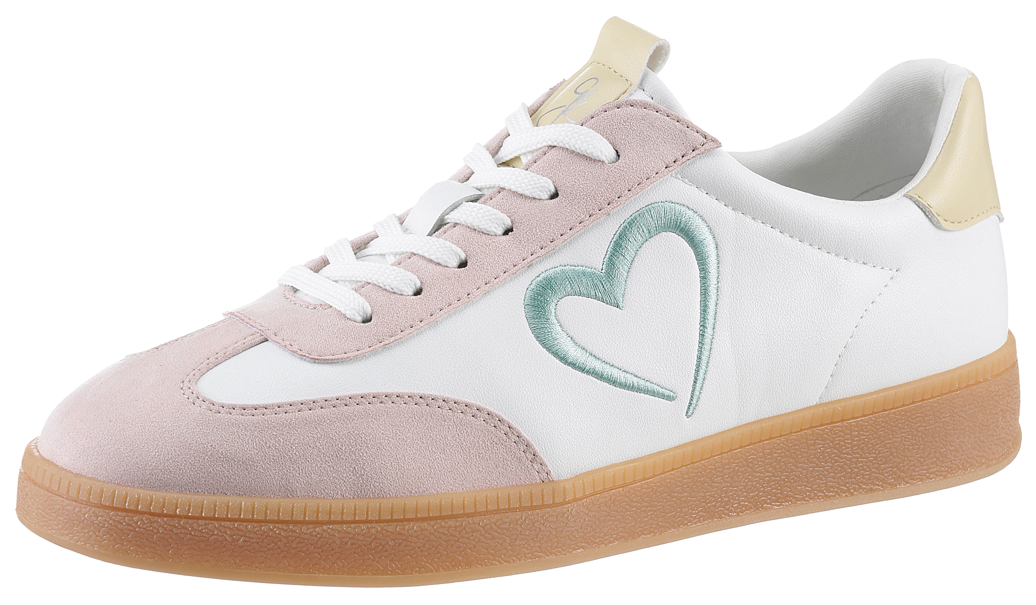 Plateausneaker MARCO TOZZI BY GMK, Damen, Gr. 37, bunt (weiß, rose, vanille), Lederimitat, Textil, Veloursleder, unifarben mit Farbeinsätzen, Schuhe Plateausneaker, Freizeitschuh, Halbschuh, Schnürschuh mit seitlichem Herz-Detail