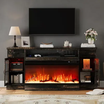 Fireplace TV Stand for 80" TV, Entertainment Center with 18" Electric Fireplace & LED Lights, TV