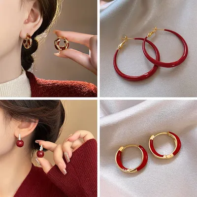 French Vintage Red Spot U-shaped Round Drping Oil Gold Plating Zircon Hoop Earrings for Women