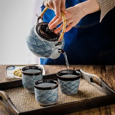 Ceramic Teapot Crockery Portable Kettle Tea Cup Blue Wave Water Ware Porcelain Chinese Kung Fu Drink