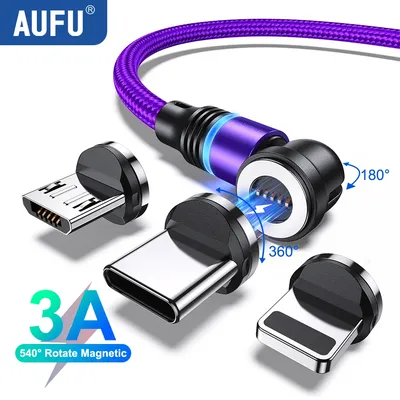 AUFU 540 Rotate Magnetic Charging Cable Micro USB Type C Cable For iPhone Xiaomi Fast Charge Magnet Data Cord for Type-C Devices